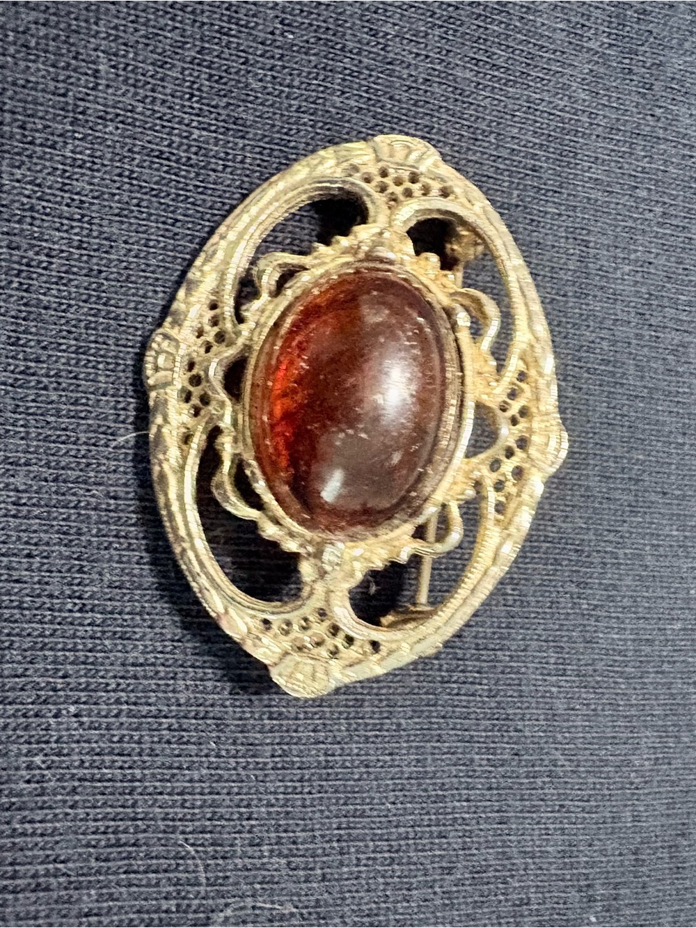 Vintage Victorian Revival Gold Tone Brooch Amber Color Cabochon Ornate Oval Pin